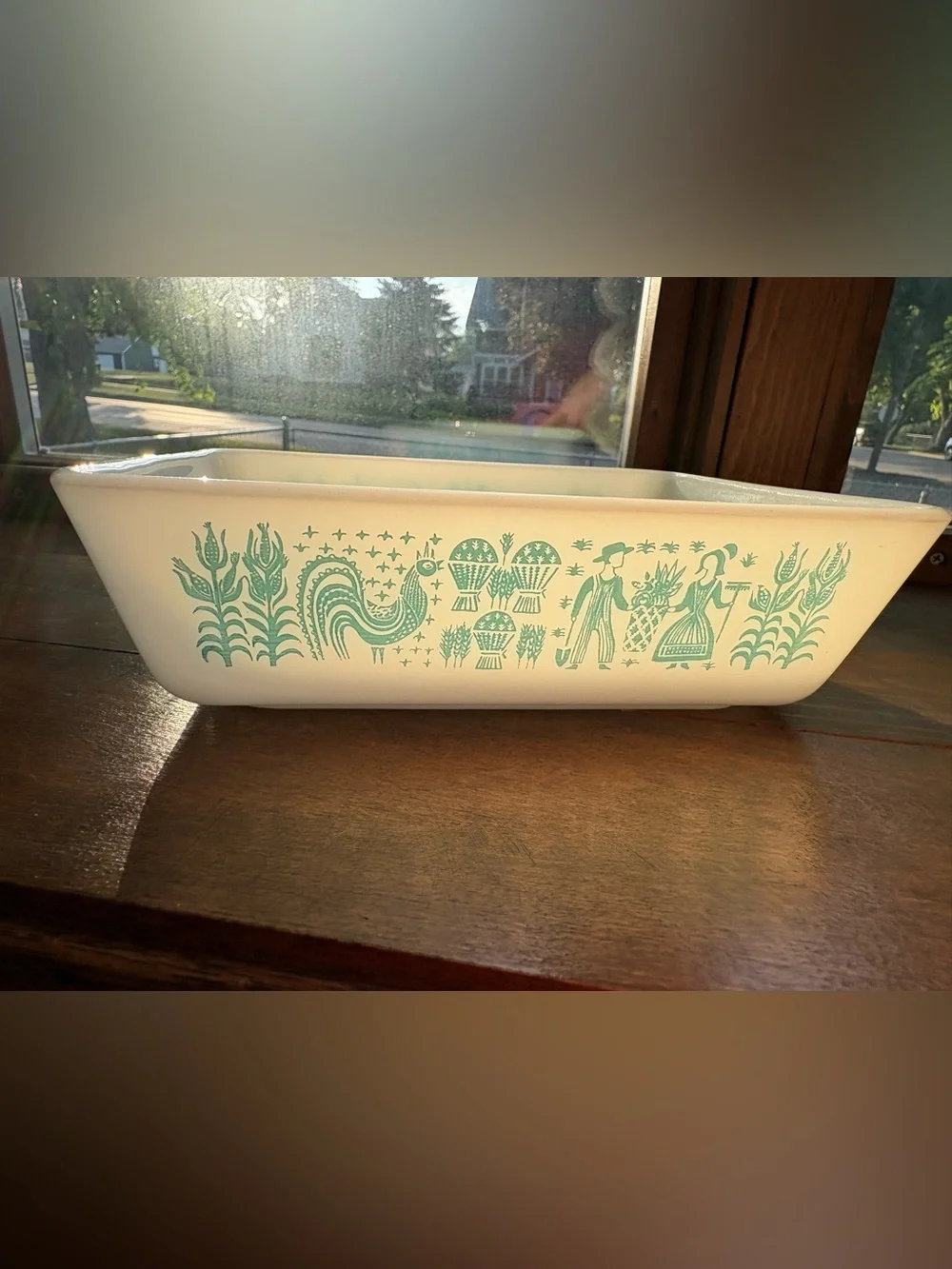 Pyrex White Baking Dish with Turquoise Folk Motif
